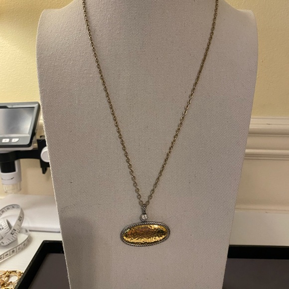 Jewelry - Gold Tone Oval Pendant Necklace with Textured Center